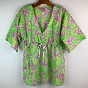Lily Pulitzer Floral Tropical Cotton Pink Green Tunic V-Neck Swim Coverup Top S